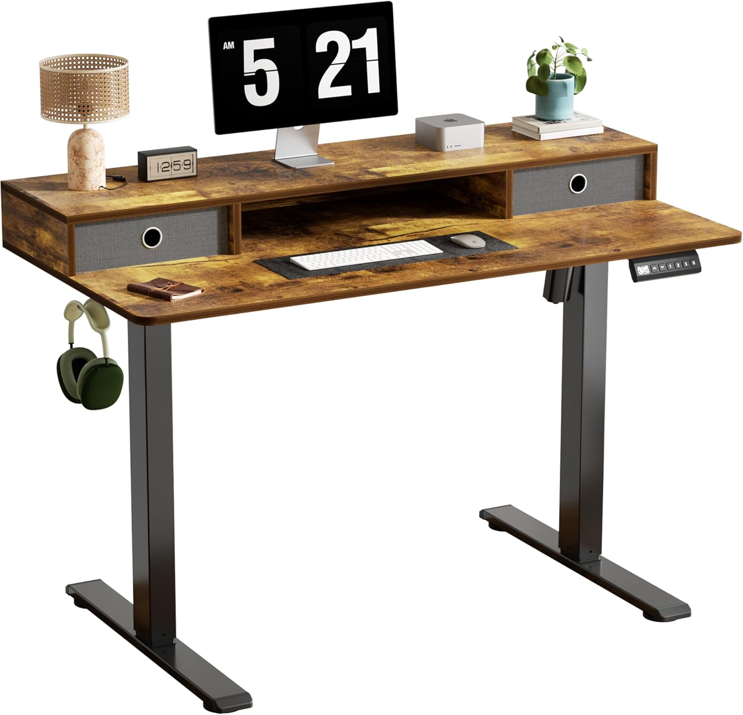 CROWNFURN Electric Standing Desk with Double Drawers,Adjustable Standing Desk with Storage Shelf for Home Office,with 3 Presets & 2 Hooks,48 Inch(Rustic Brown)