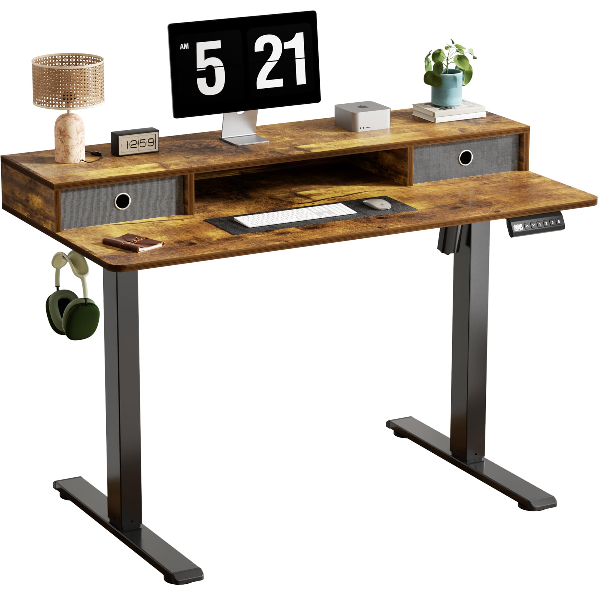 CROWNFURN Electric Standing Desk with Double Drawers,Adjustable Standing Desk with Storage Shelf for Home Office,with 3 Presets & 2 Hooks,48 Inch(