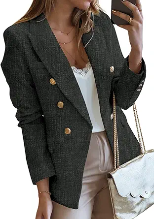 Happy Sailed Womens Double Breasted Tweed Blazers Casual Long Sleeve Open Front Blazer Jackets Work Suits