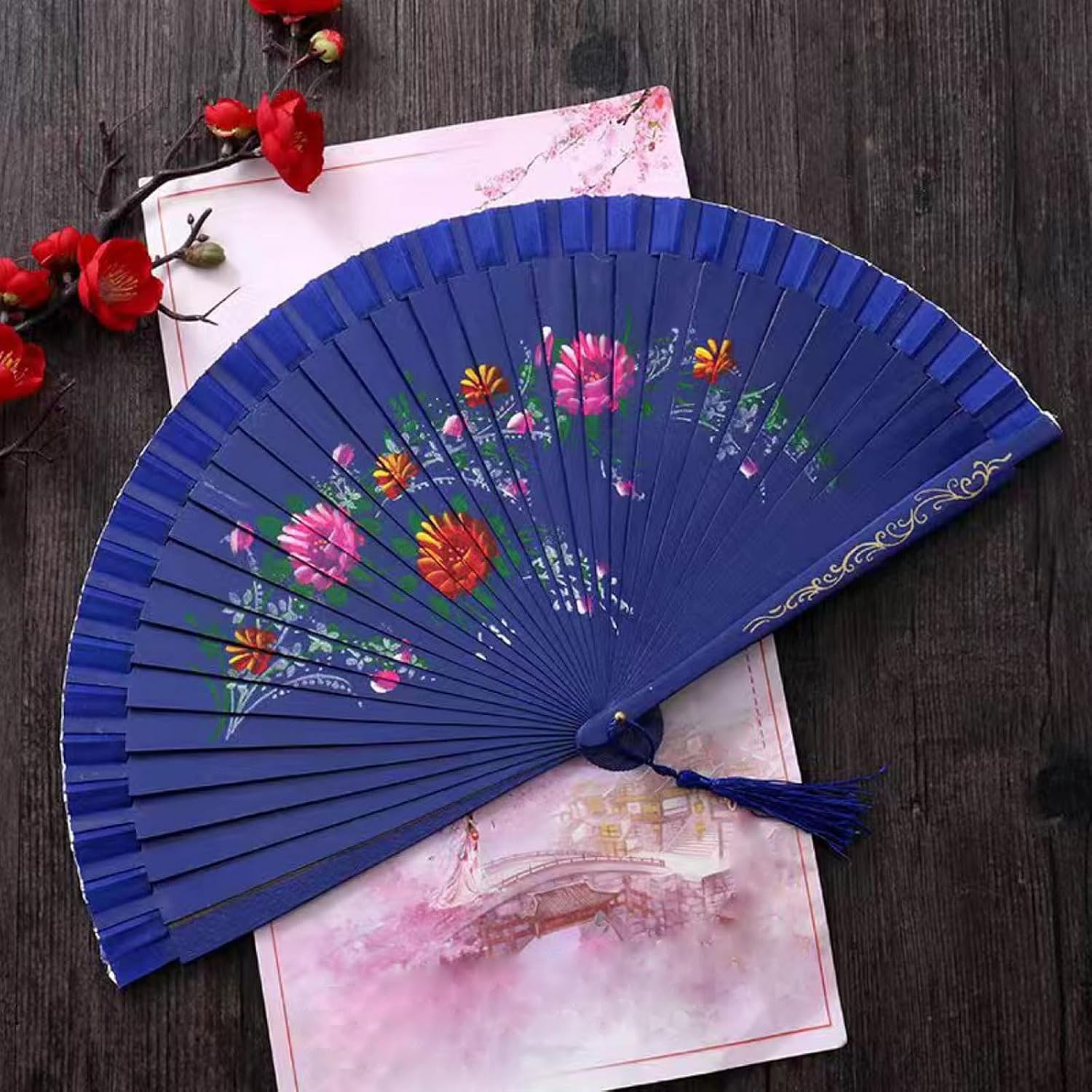 Elegant Spanish Dancing Fan, Double Sided Hand Painted Florals Folding Fan for Performances
