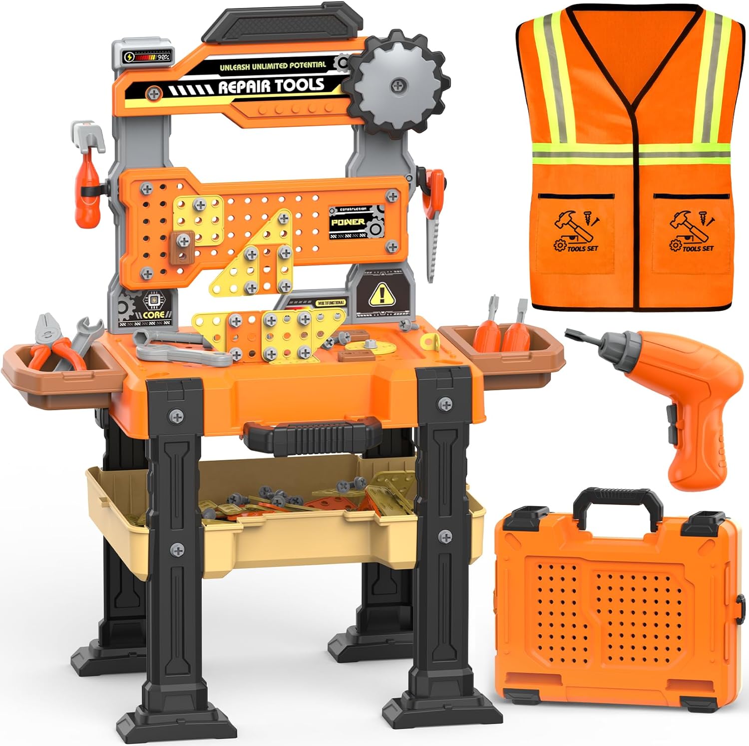 Kids Tool Bench Set with Electric Drill & Vest, Kids Tool Set Toddler Workbench Transformable Kid Tools Box, Toddler Workbench Toy Tools Bench Christmas Birthday Gift for Boys Girls Ages 3-5
