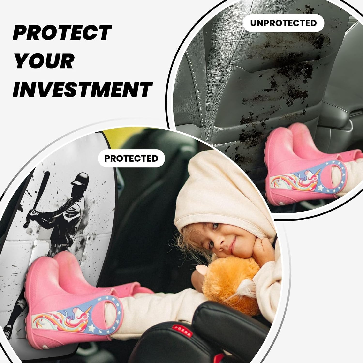 Car Seat Back Kick Protector 2 Pack 18.5" x 26.4", Baseball Player Upgraded Large Rear Seat Cover for Dirty Shoes Kids Pets, Waterproof Oxford Fabric Anti-Kick Pad for SUV Jeep Truck Sedan