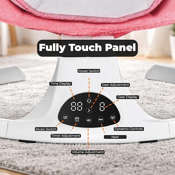 Baby Bouncer, Portable Electric Baby Swing with Bluetooth, 5 Swing Speed, 3-Stage Timer, 5-Point Harness, Remote Control & Touch Panel, Bouncer from Birth with 2 Soft Toys & Soft Pillow (Pink)