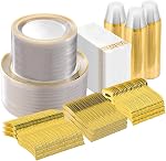 Goodluck 700 Piece Gold Dinnerware Set for 100 Guests, Disposable for Party, Include: 100 Gold Rim Dinner Plates, 100 Dessert Plates, 100 Paper Napkins, 100 Cups, 100 Plastic Silverware Set