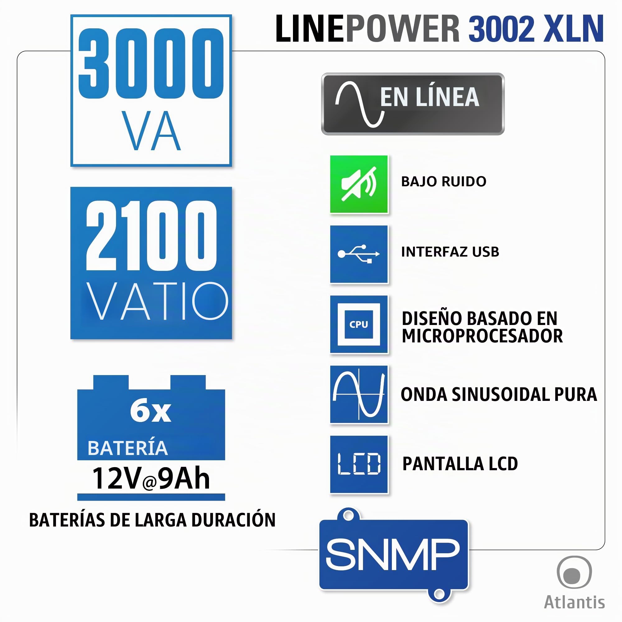 Atlantis A03-OP3002XLN UPS Sistema de alimentación ininterrumpida Online Doble conversión Onda sinusoidal Pura 75% más silencioso 3000VA 2100W, 31,3 dbA, USB, RS-232, 4 IEC, Ranura SNMP, 6x12V 9Ah