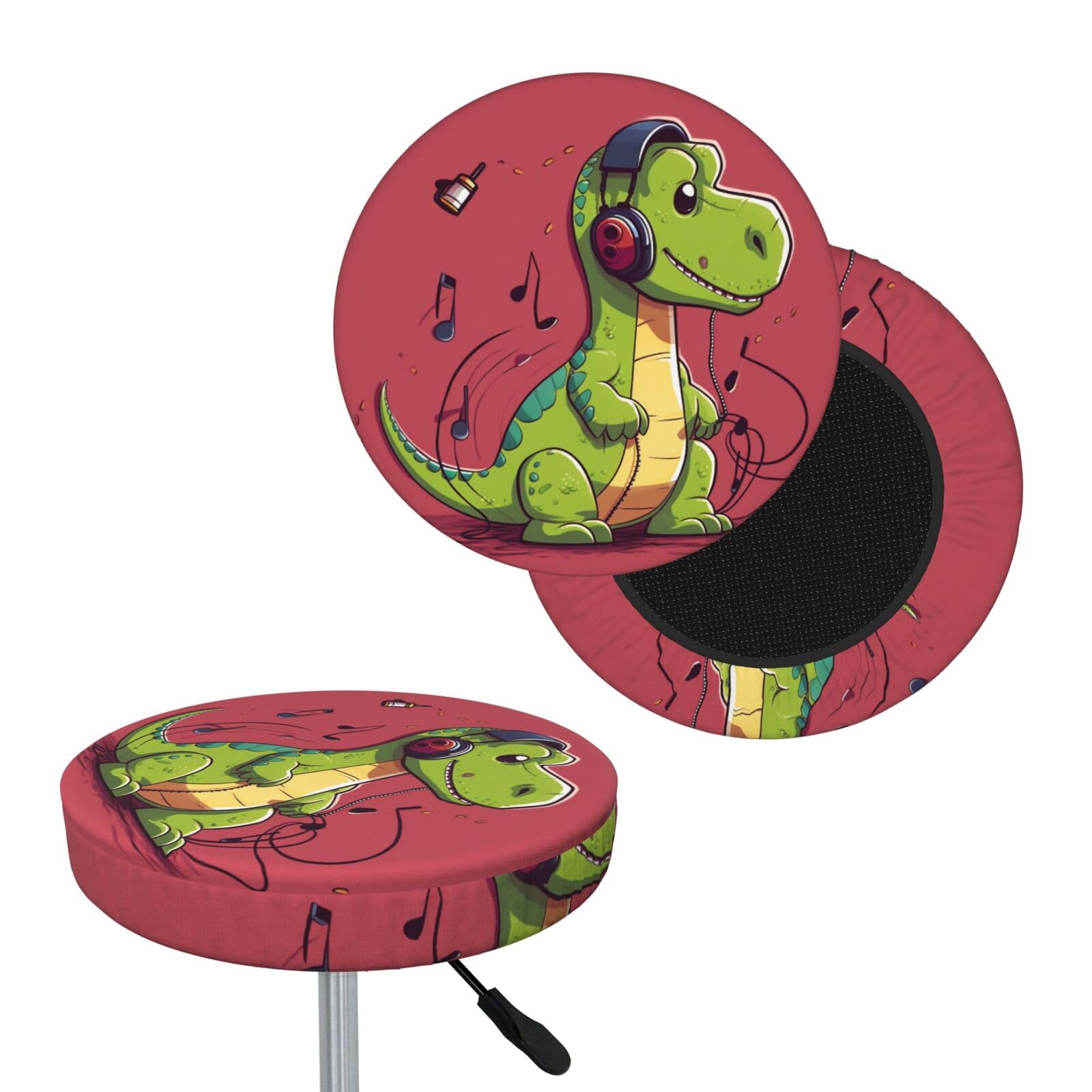 NONHAI Dinosaur Wearing Headphones Bar Stool Cover Round Elastic Stool Cushion Covers Dustproof Bar Chair Cover Washable Stool Cushion Slipcover Stretch Stool Seat Covers for 12-14 Inch Chair