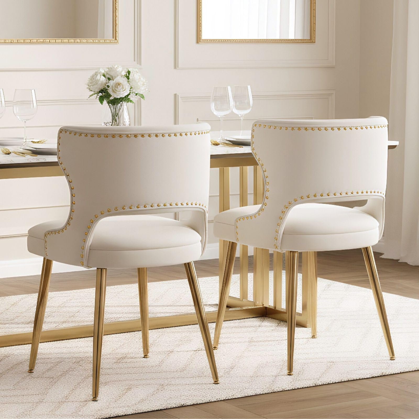 CIMOO Beige Velvet Dining Chairs with Gold Legs Upholstered Dining Room Chairs Set of 2 Mid Century Modern Accent Chairs with Back Nailhead Trim