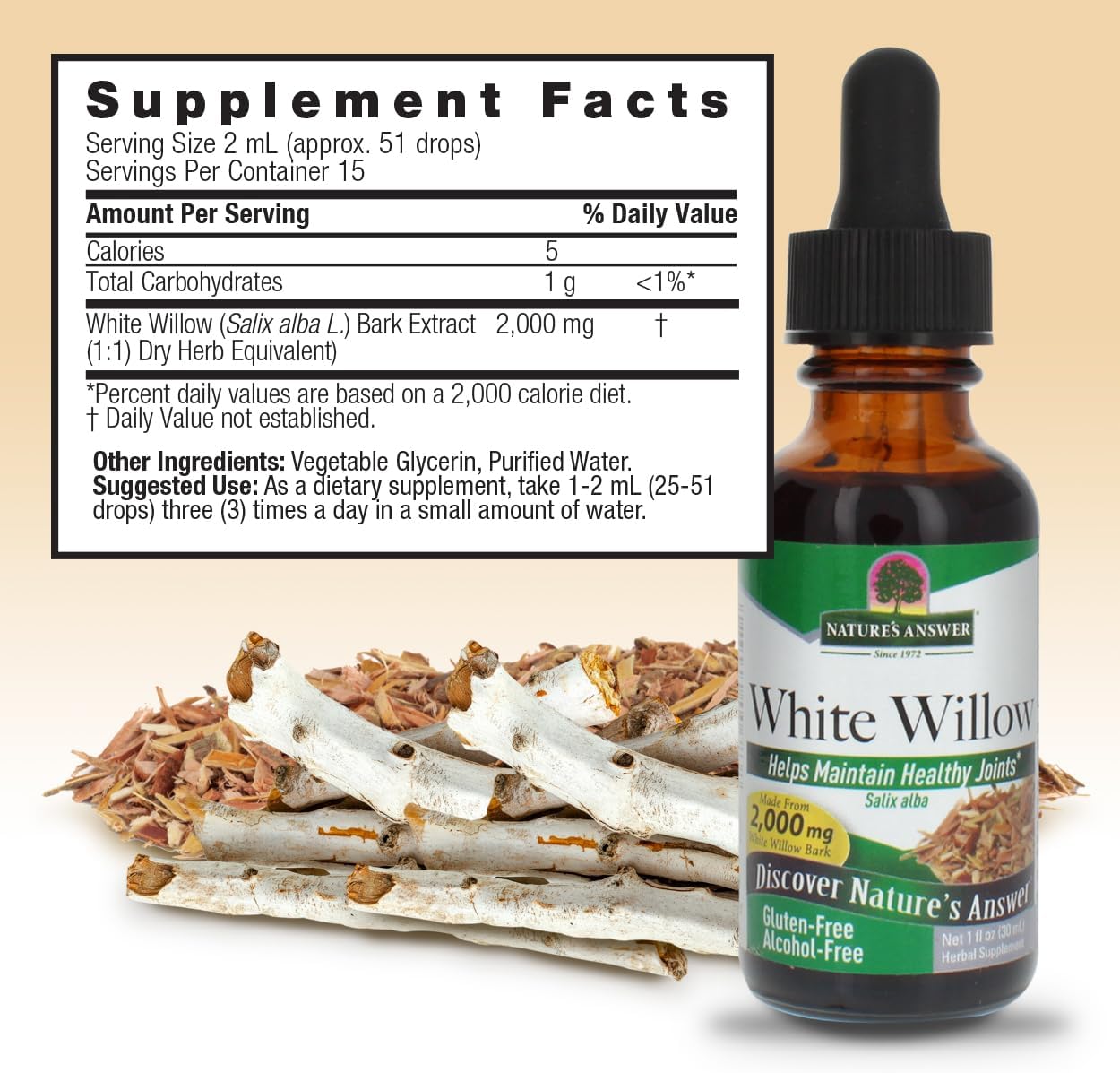 Natures Answer White Willow Bark Extract 1 Ounce - Alcohol Free, Non GMO, Gluten Free, Vegetarian - Daily Supplement for Joint Support & Function - Made in The USA, Organic White Willow Bark - Image 3