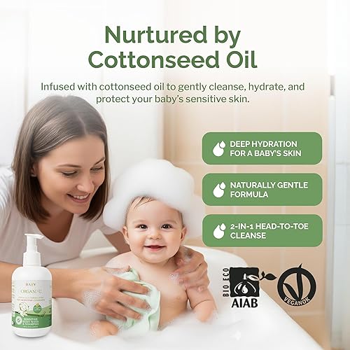 Miniatura 6 de Organyc Champú para bebés y gel de baño con aceite de semilla de algodón que nutre la piel, gel de baño suave para niños, productos esenciales para