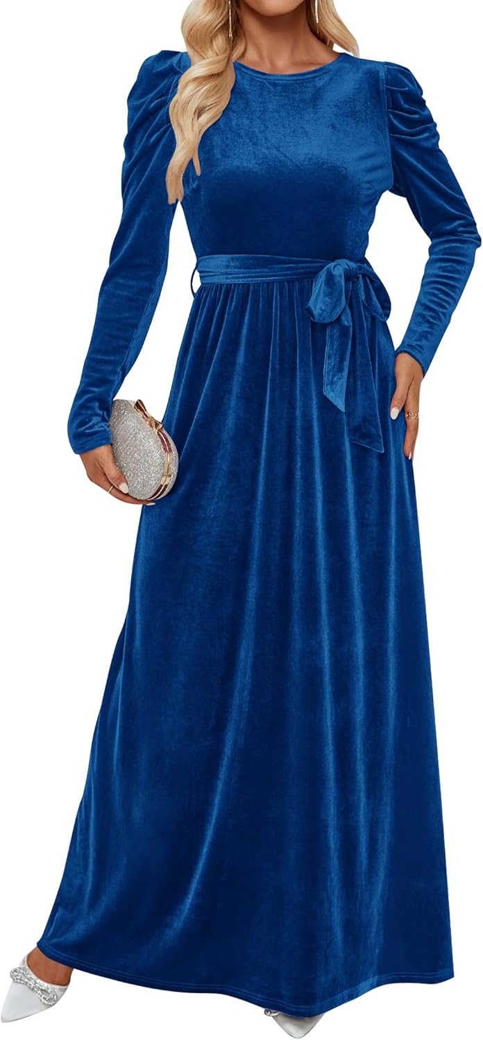 ZESICA Women's Velvet Maxi Dress Fall 2025 Long Puff Sleeve Crew Neck Elastic High Waist Cocktail Party Bridesmaid Dresses