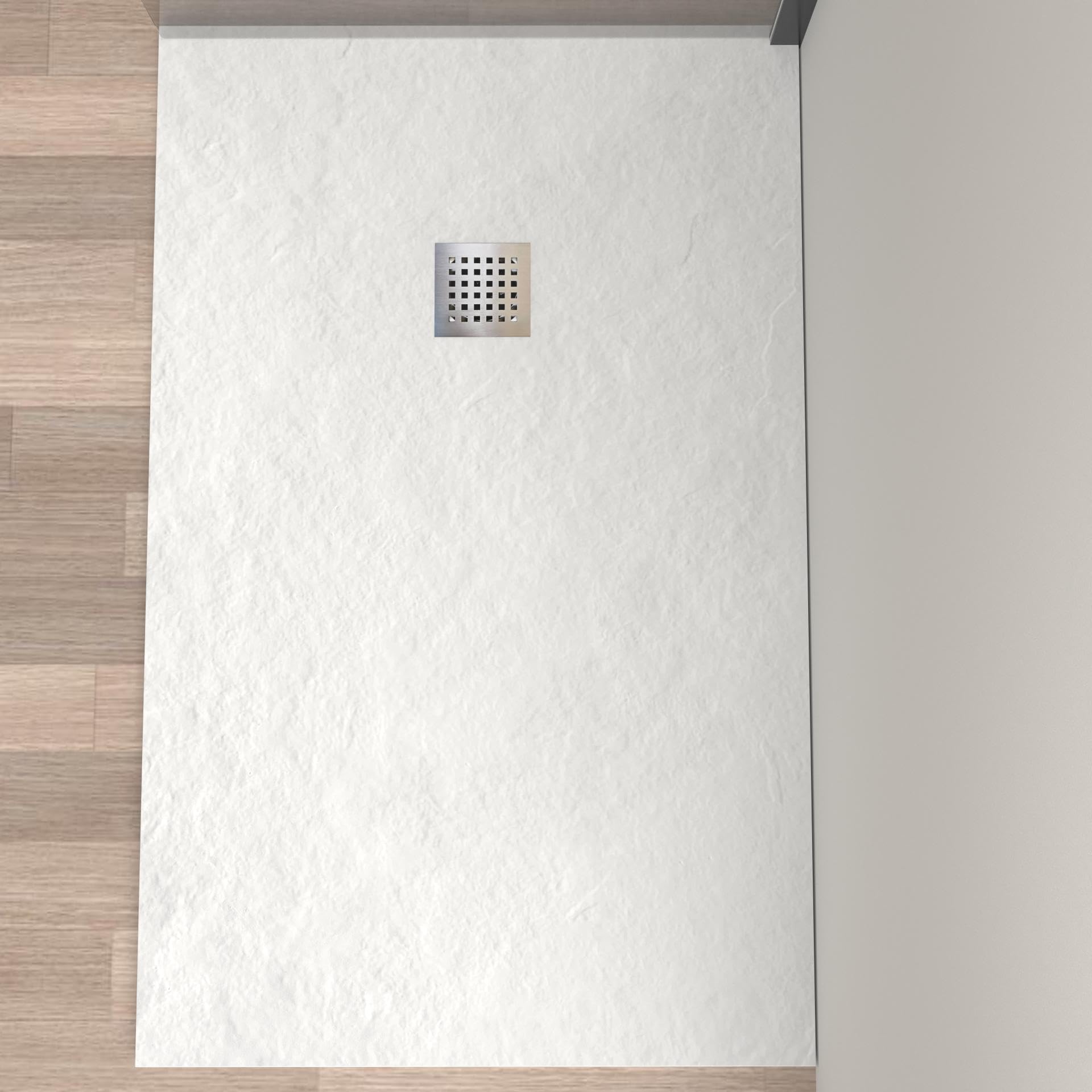 Plato de Ducha de Resina 70 x 70 Extraplano Ultraresistente – Textura Pizarra Antideslizante – Color Blanco RAL 9003 – Carga Mineral y Gel Coat – HOGAKIS