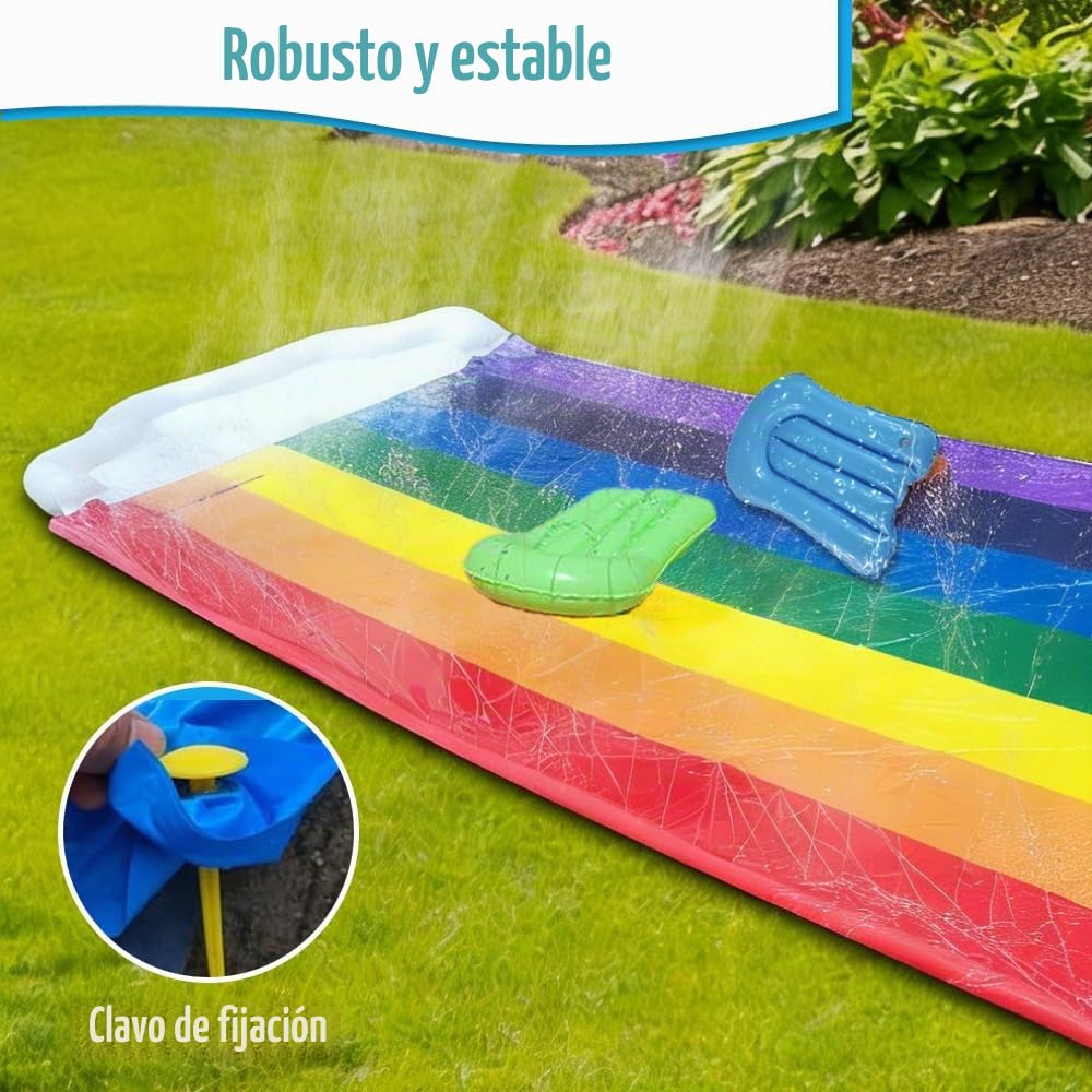 Tobogán de Agua Doble,480x140CM Water Slip and Slide con 2 Tablas de Surf y Rociador,5 Parches de Reparación,Juguetes de Exterior,Juegos de Piscina,Jardín