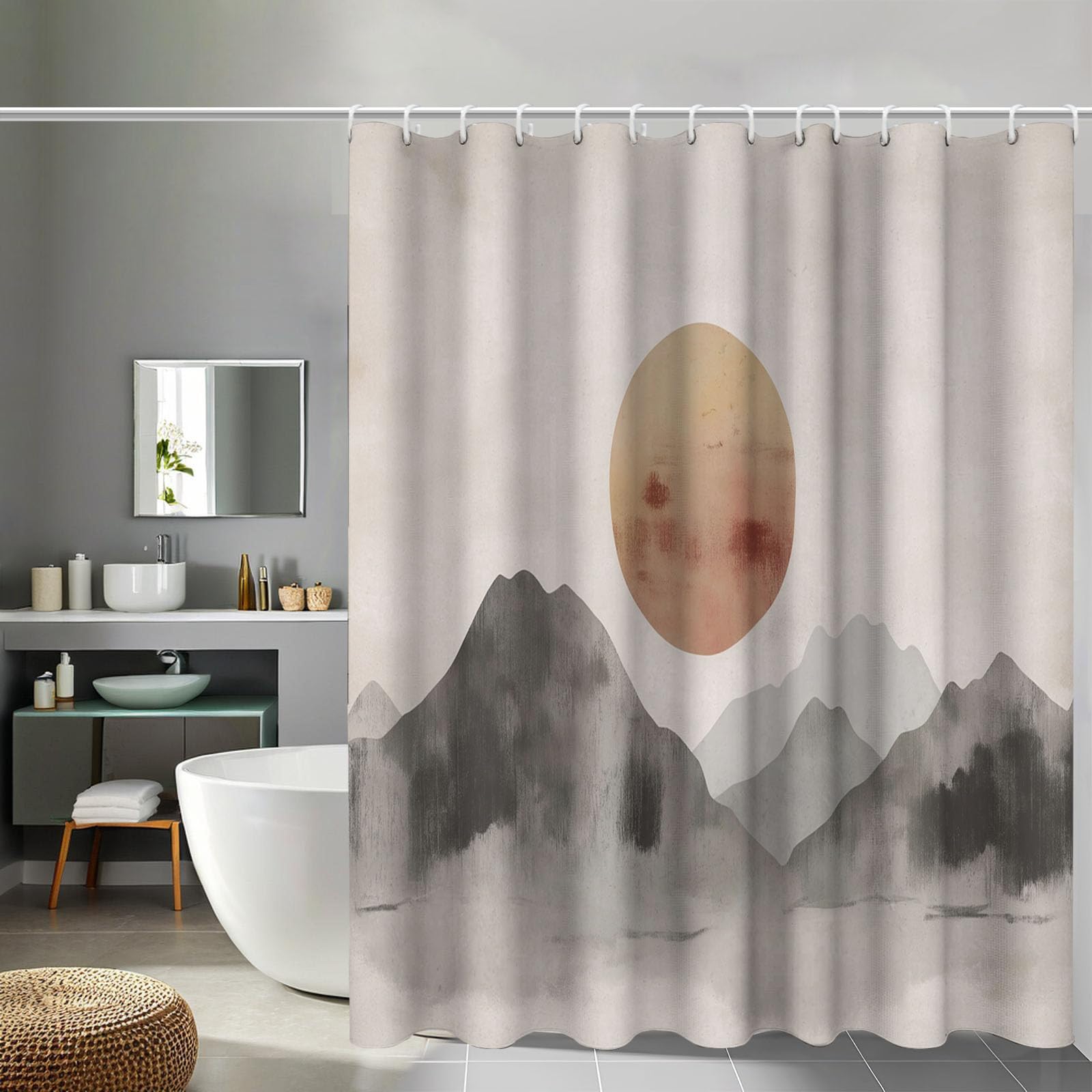 Rideau douche montagnes soleil 180x180 cm en polyester gris clair avec crochets