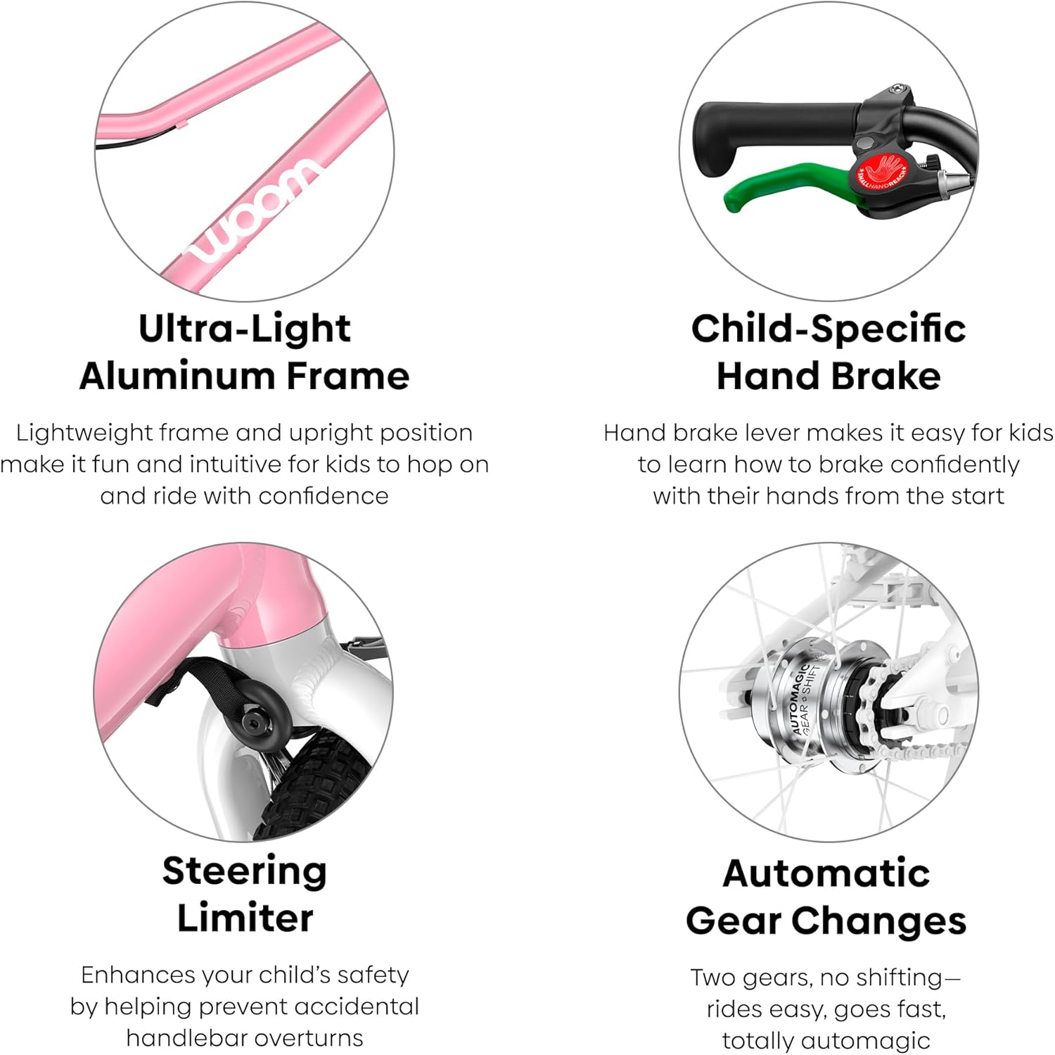 woom GO 3 AUTOMAGIC Bicycle, Automatic 2-Speed Shift Bike for Children 4 to 6 Years Old, 16-Inch Wheels, Handbrakes, Steering Limiter & Chainguard for Boys & Girls