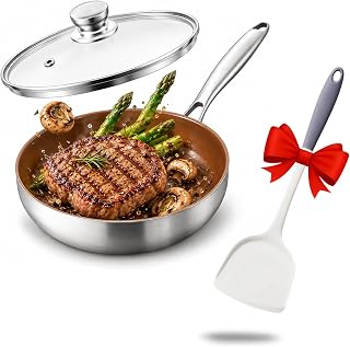 Titanium frying pan 25cm with glass lid and silicone spatula, uncoated sauté pan with stainless steel handle for induction