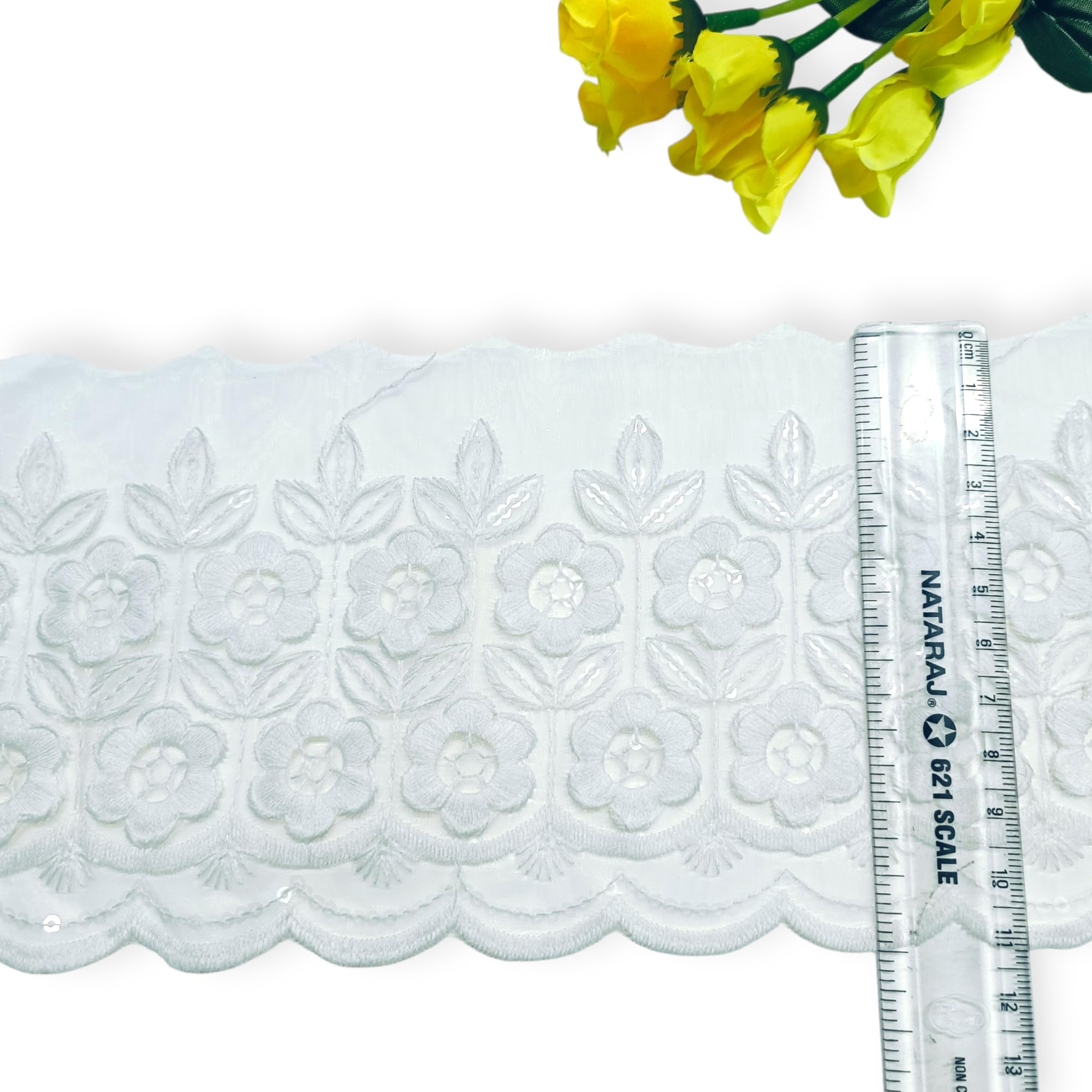 PAHLI PASAND Laces - White Cotton Lace Trim 11 cm Width for Sewing, Dress Making, Craft Decoration, Apparel Embellishment, Curtains, Table Linen & DIY Fabric Projects - 2 Mtr