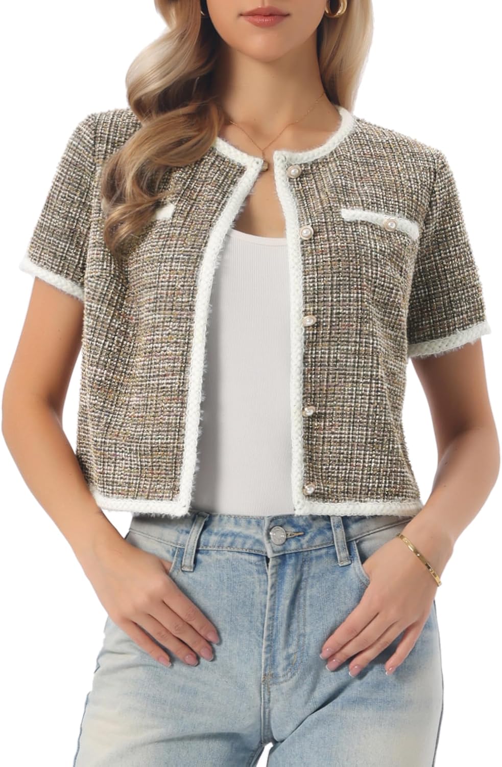 Allegra K Short Sleeve Tweed Jacket for Women Summer Crew Neck Button Front Cropped Cardigan