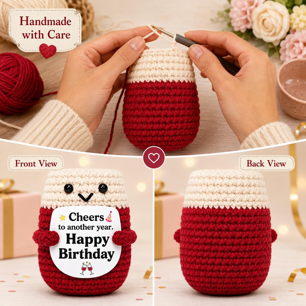 Birthday Gifts for Women Crochet Wine Glass Handmade Red Wine Decor Happy Birthday Gift for Her Friend Sister Mom Coworker Wine Lover Funny Desk Shelf Decor Keepsake