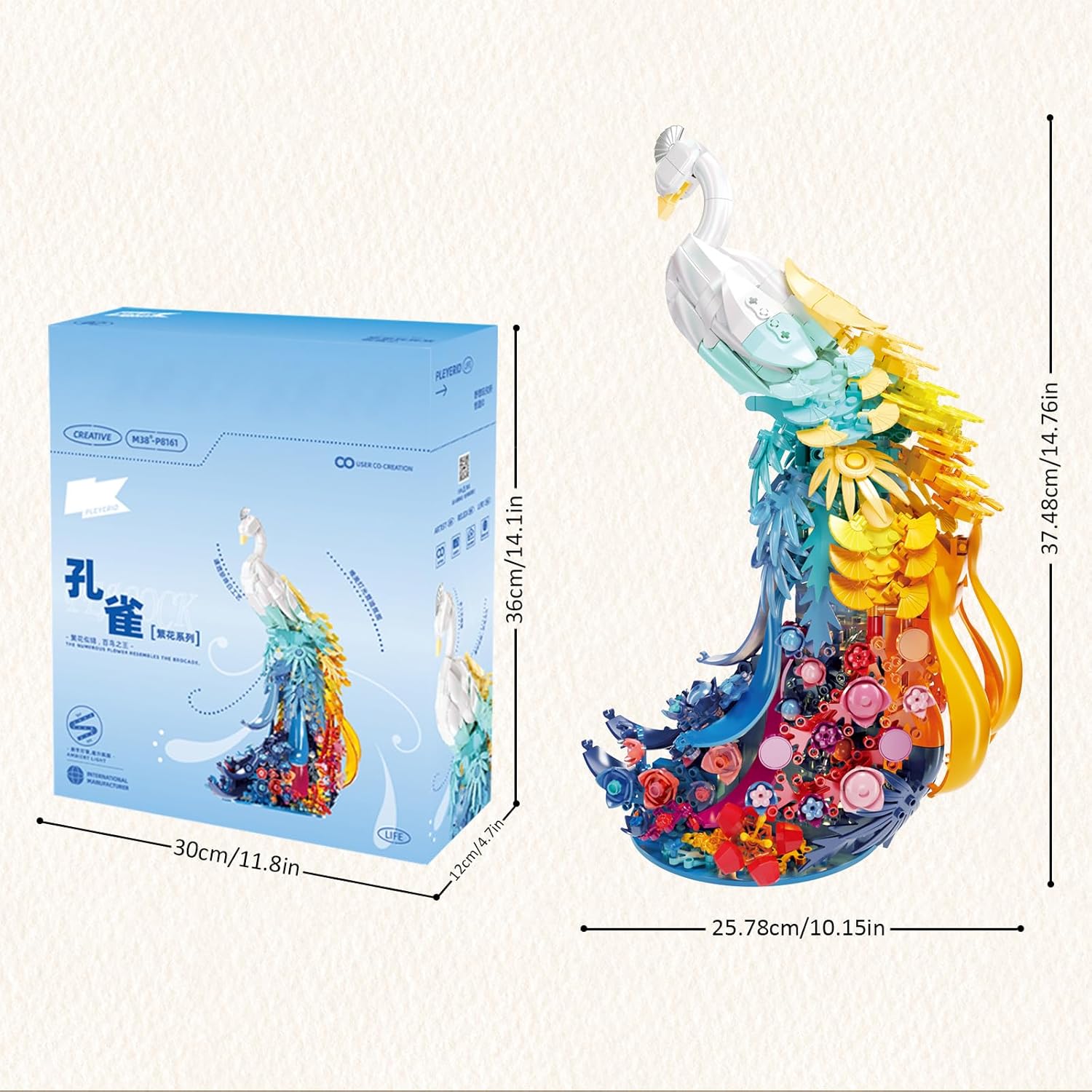 MEIEST Flower Peacock Building Blocks Set packaging and assembled model with dimensions.