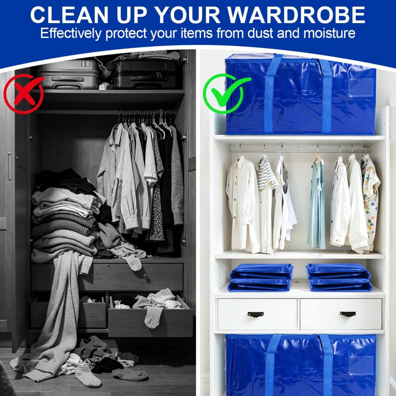 SenseYo 2 Pack Heavy Duty Packing Moving Bags Boxes Supports 200lbs Oversized Large Waterproof Clothes Storage Bags Totes with Zippers & Handle for College Supplies Home Organization Blue