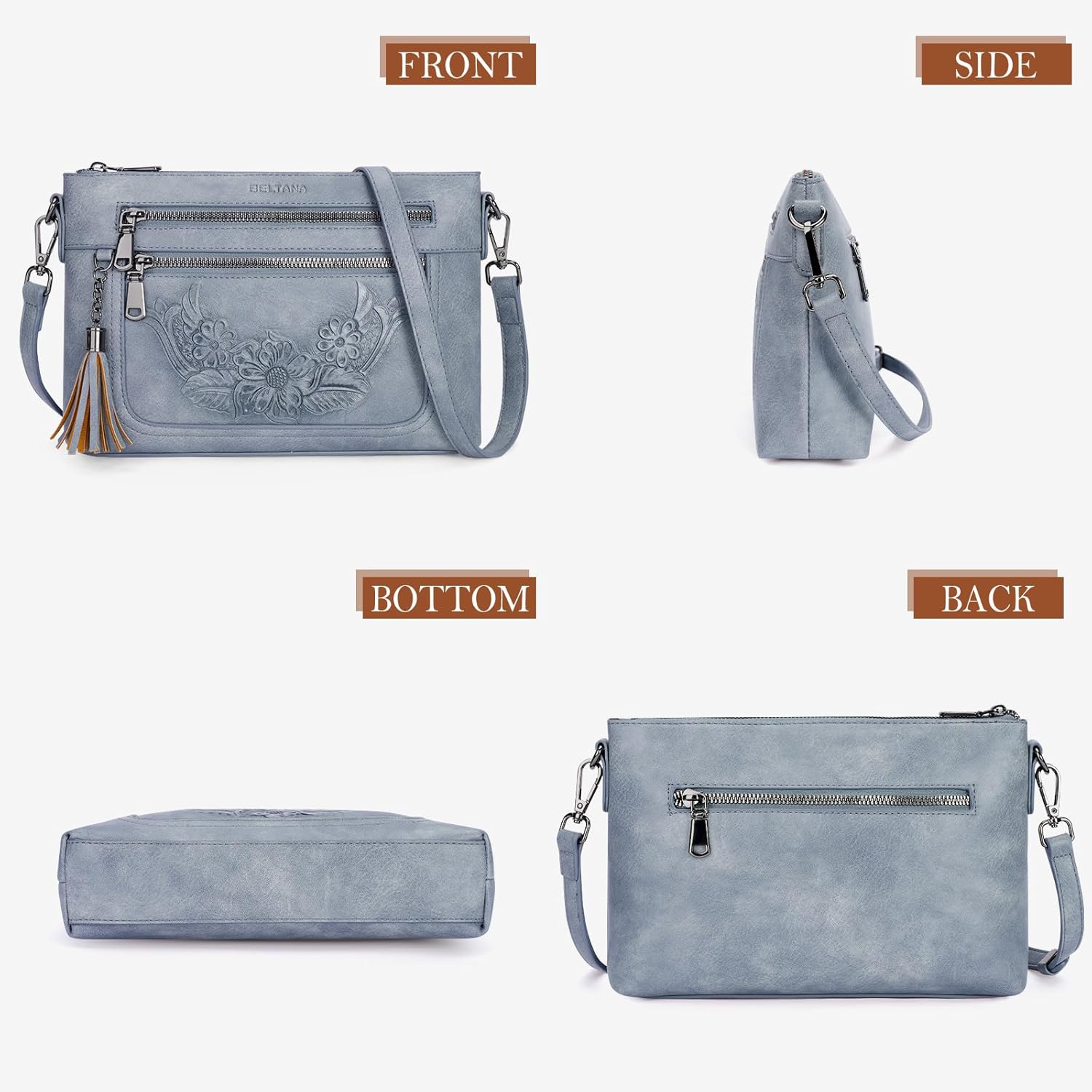 BELTANA Small Crossbody Purse for Women,Vegan Leather Women's Crossbody Bag with Multi Pocket Embossed Shoulder Handbag - Image 5