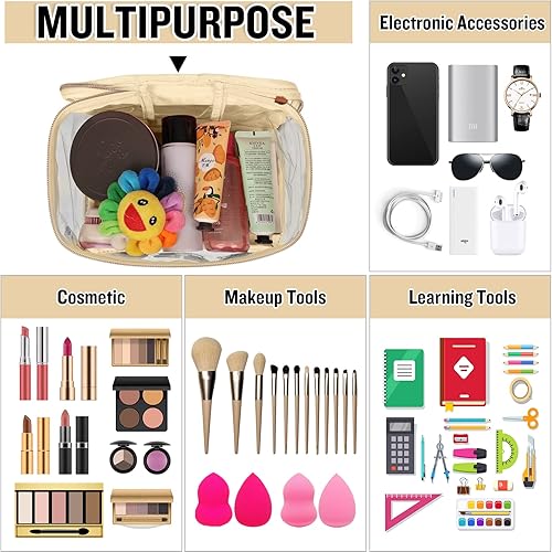 Miniatura 6 de izuzta Bolsas de maquillaje transparentes con letras de chenilla, bolsa de maquillaje de parche preppy con asa, BEBÉ-Beige