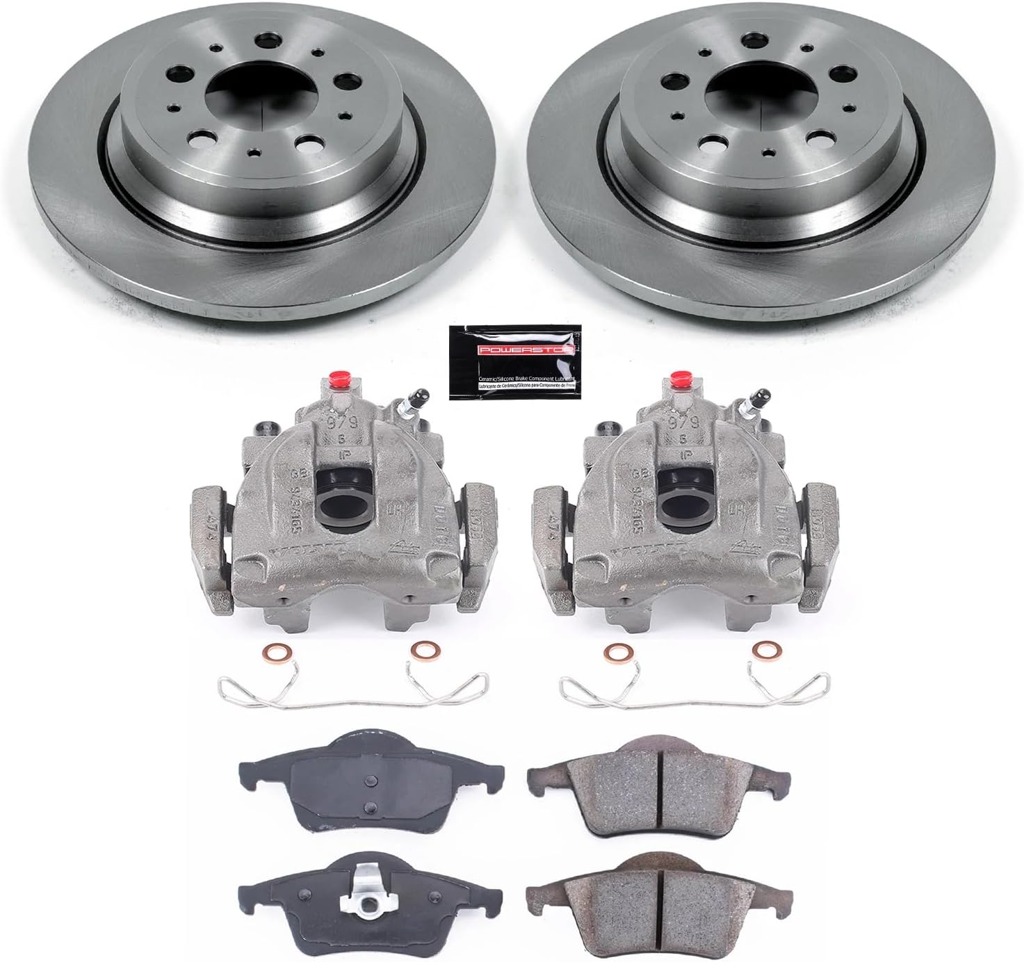 PowerStop Rear Brake & Caliper Kit for Volvo S60 2001-09 |S80 1999-06 |V70 2001-07 |XC70 2003-07 - Ceramic Brake Pads + Calipers + Disc Rotors Replacement, KCOE5196