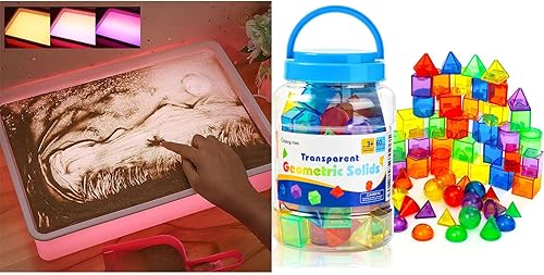 Odoorgames Caja de luz de pintura de arena, mesa de luz para niños, 16 pulgadas (rosa) + 60 formas 3D para enseñar, sólidos geométricos para niños