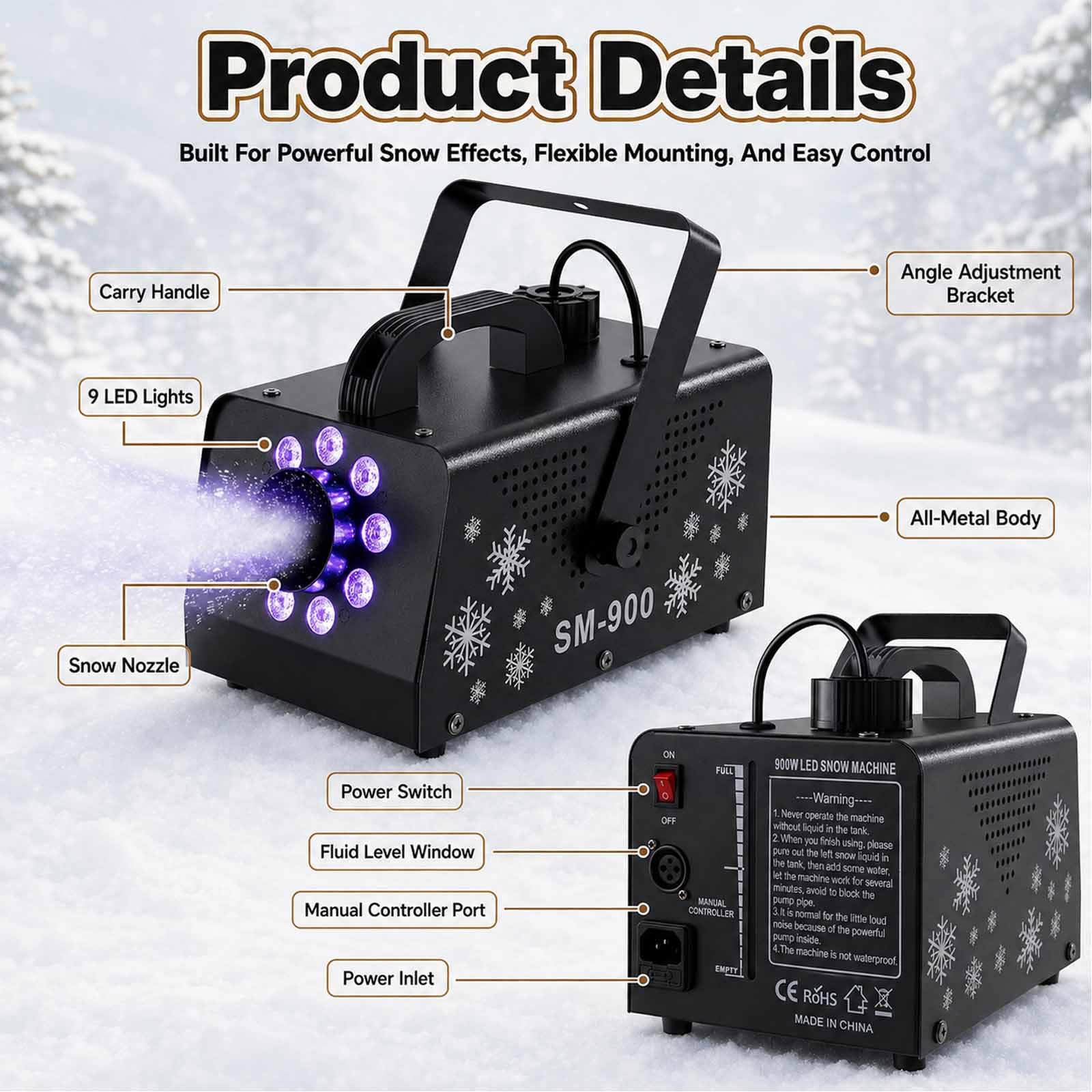 Macchina Per Fiocchi Di Neve Artificiali Da 900 W, 9 Led Con 15 Effetti Luminosi Colorati, Doppia Maniglia E Telecomando, Distanza Di Emissione 3-5 M E Distanza Del Telecomando 8-10 M