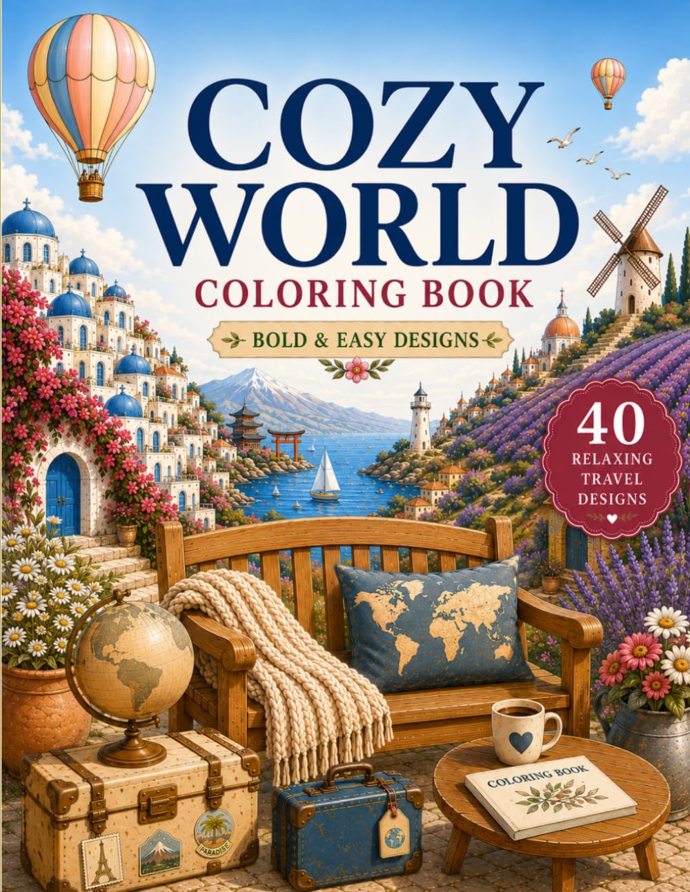 COZY WORLD: Bold & Easy Coloring Book for Adults and Teens: 40 cozy Travel Scenes from Around the World