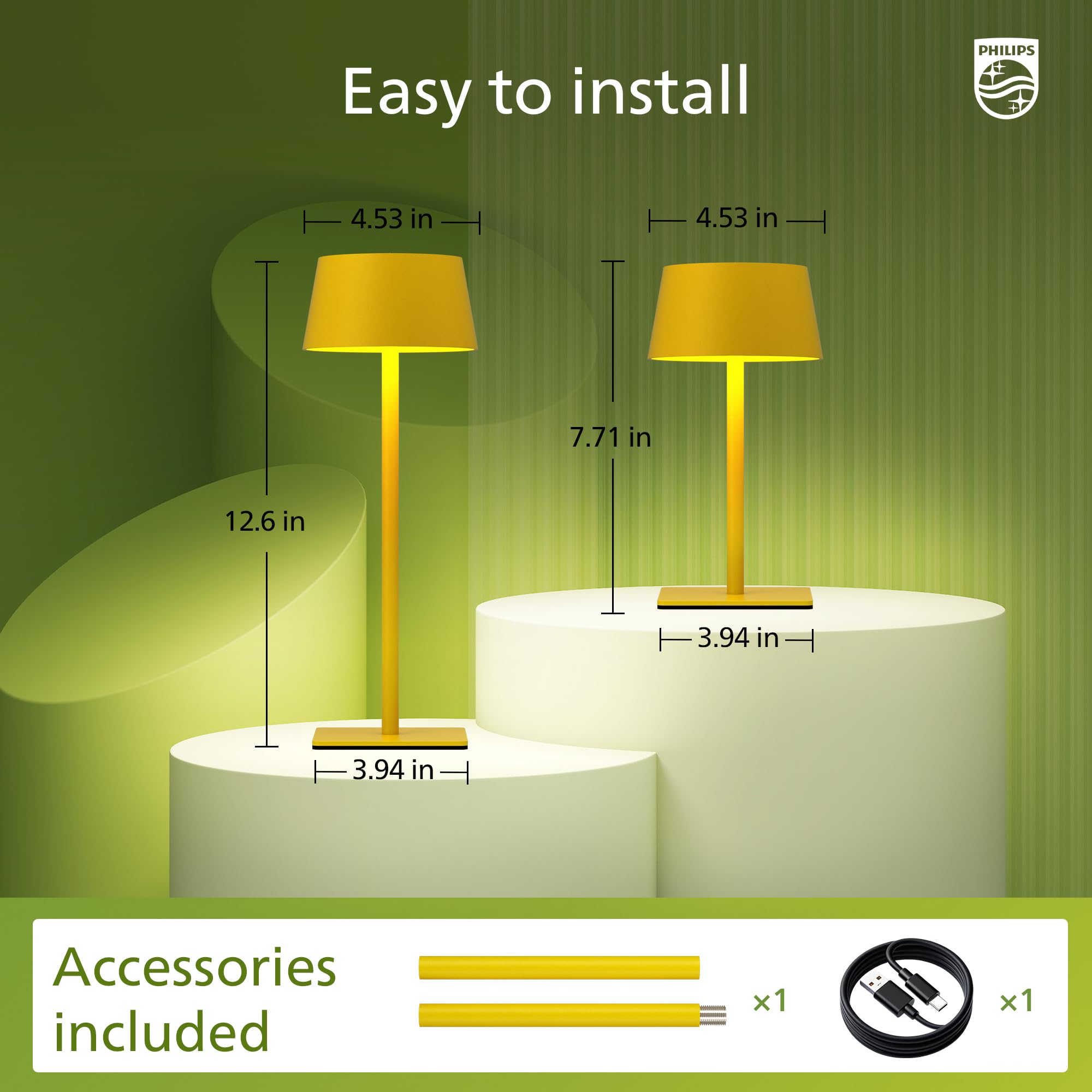 Philips Solar Tischlampe Kabellose 2 Stück, Portable LED Akku Tischleuchte mit 2 stufig höhenverstellbar, Touch Stufenlos Dimmbar Nachtlicht, Wasserdicht für Schlafzimmer, Gelb
