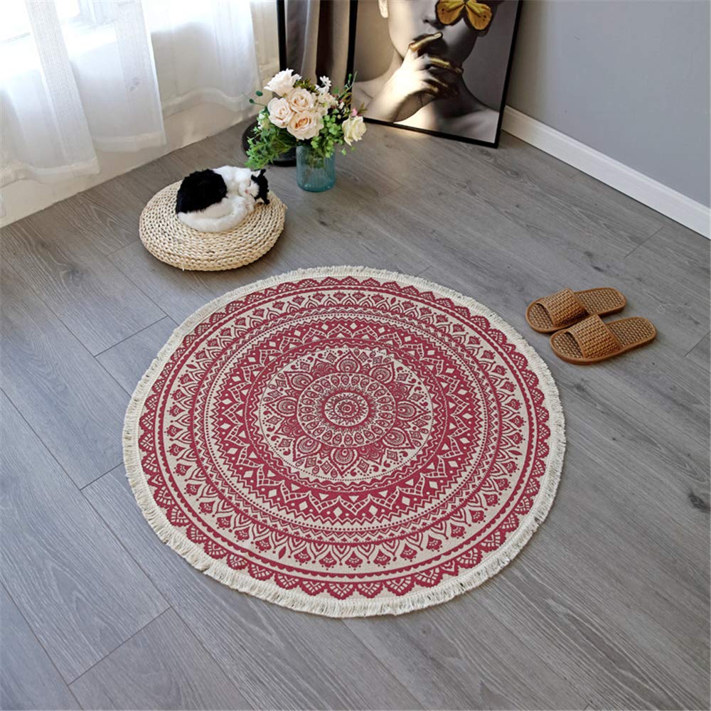 Morbuy Red Round Area Rug Carpet Handmade Rug, Machine Washable Indian Floor Mats With Tassels Hand Woven Printed Kitchen Runner For Bedroom Living Room (92Cm,)