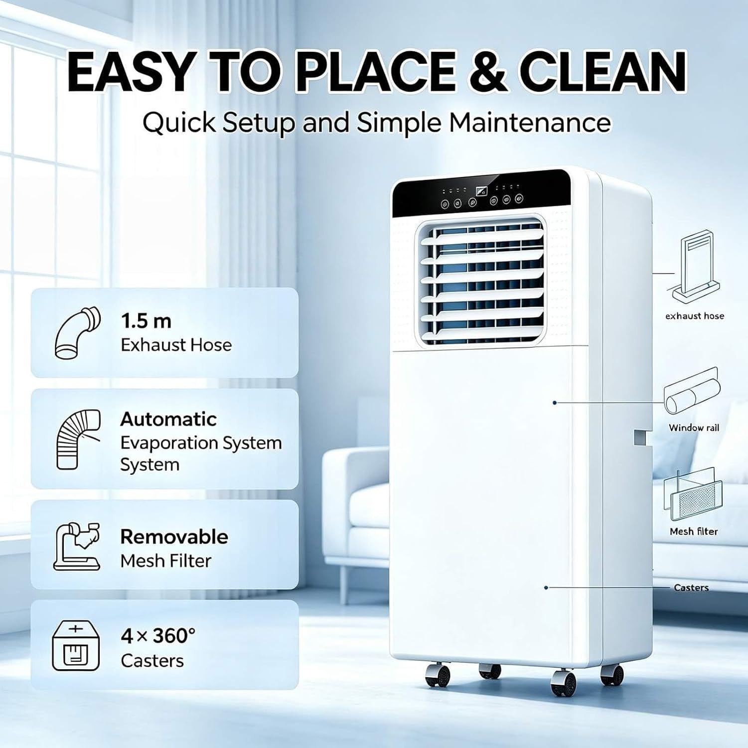 Przenośny klimatyzator 9000 BTU z osuszaczem, do 20 m², 24h timer, 3 prędkości wiatru, bez odpływu, czynnik R290, 7000.0 British Thermal Units