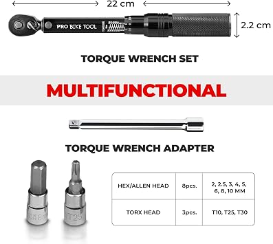 Bicycle Motorcycle Torque Wrench 1/4 Drive with Ratchet and Extension Measuring Range 2-20Nm Precision Tool Including Hex Hex Wrench and Torx Bits for Road Bike,