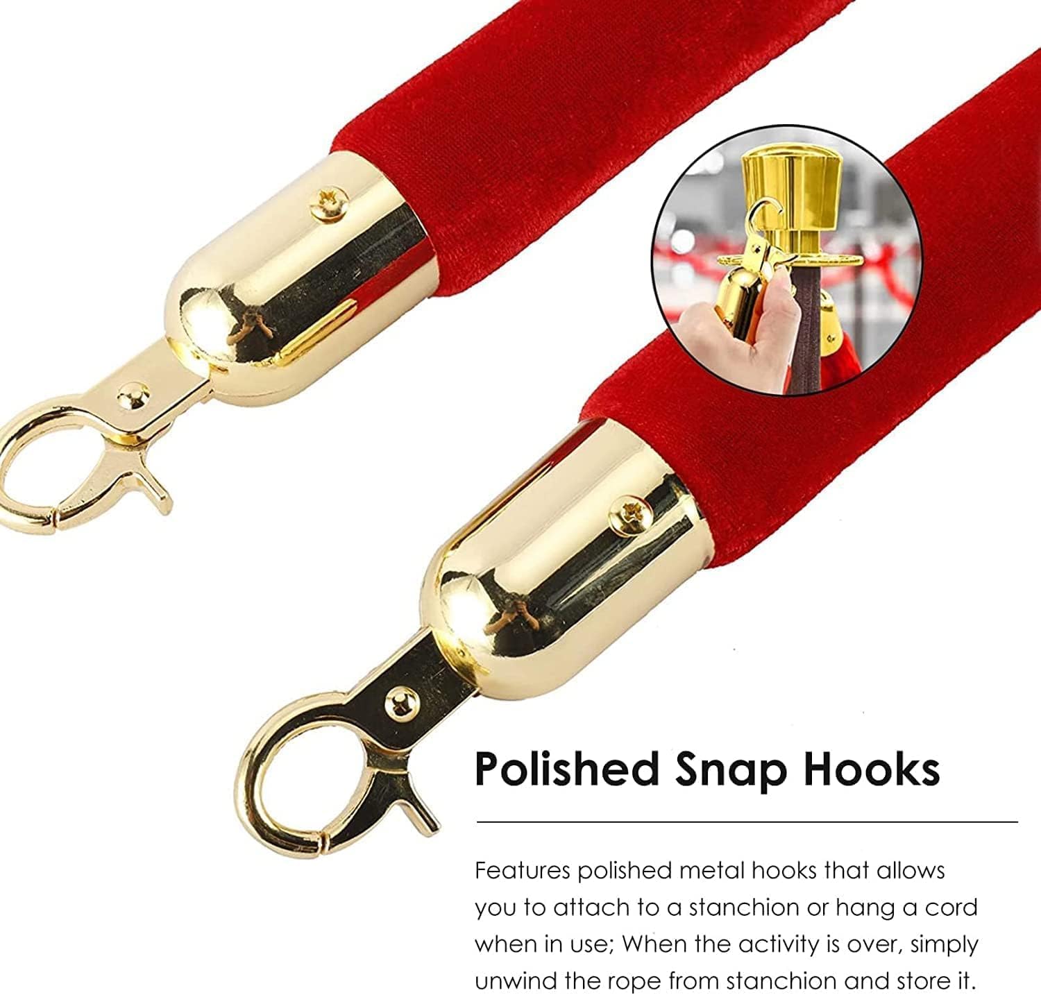 Velvet Stanchion Rope - Luxury Crowd Control Barrier with Gold Hook for Red Carpet Events, Movie Theaters, Grand Openings, Hotels & Party Supplies image 5