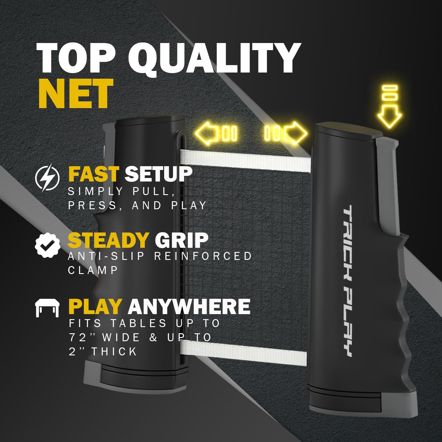 TRICKPLAY Professional Ping Pong Net for Any Table | Portable Anywhere Table Tennis Set with Retractable Net, 2 and 4 Paddle Set, 3-Star Balls, Fitted Storage Case