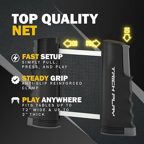 Vista 4 de TRICKPLAY Professional Ping Pong Net for Any Table Portable Anywhere Table Tennis Set with Retractable Net, 2 and 4 Paddle Set, 3-Star Balls