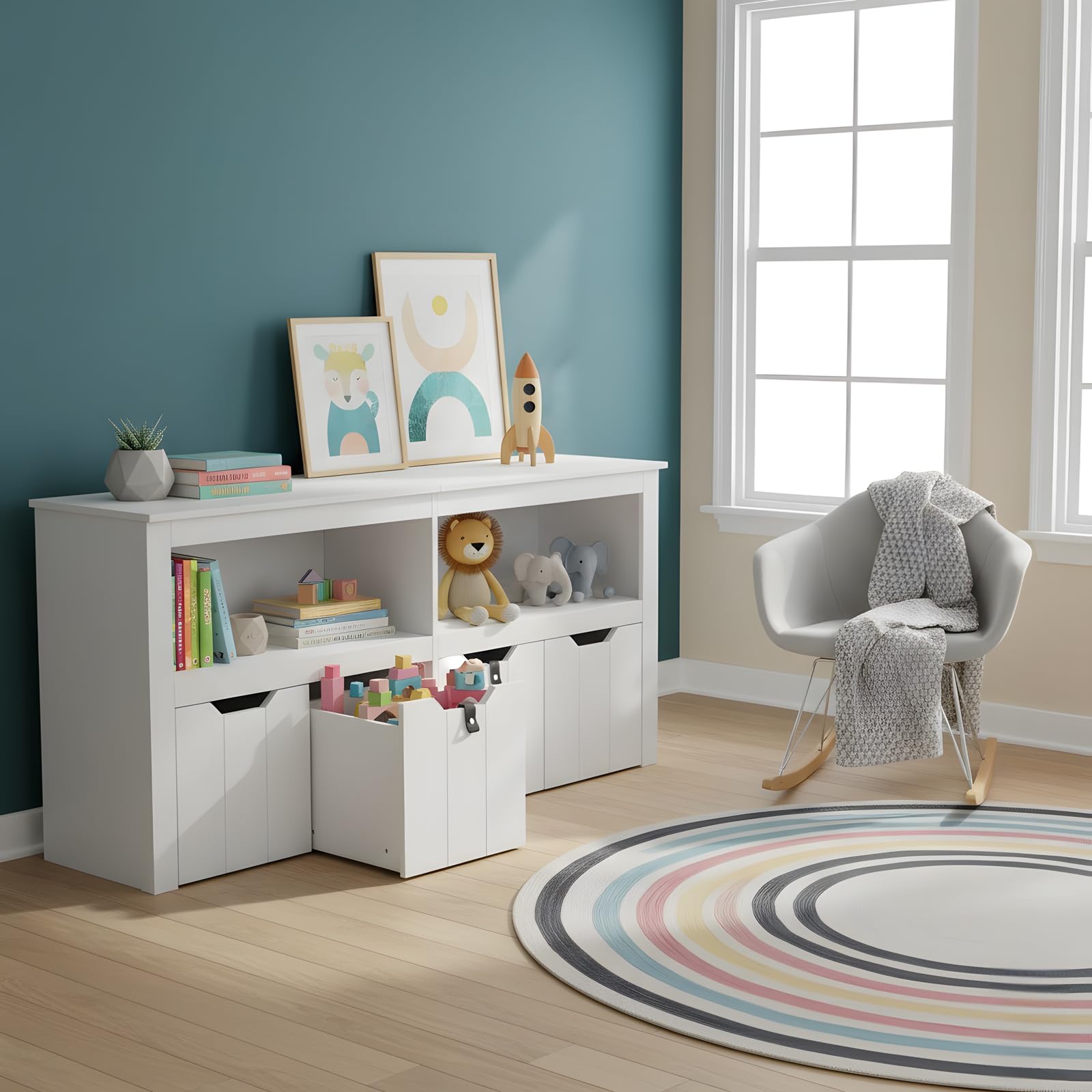 Mobile Contenitore Giocattoli Bambini, Libreria Salvaspazio Montessori con Ruote, Scaffale Porta Giochi/Libri, Organizer Cameretta 3-12 Anni, Cassettiera Bianca con 4 Scomparti, 120x33x61cm