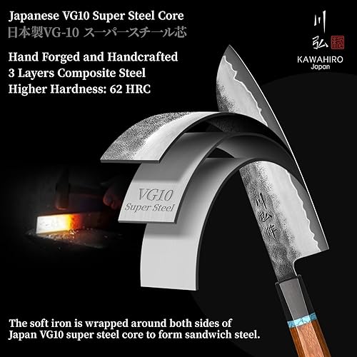 Miniatura 3 de KAWAHIRO Cuchillo de chef japonés Santoku de 7 pulgadas, cuchillo de cocina de acero inoxidable VG10, cuchillos de chef forjados a mano