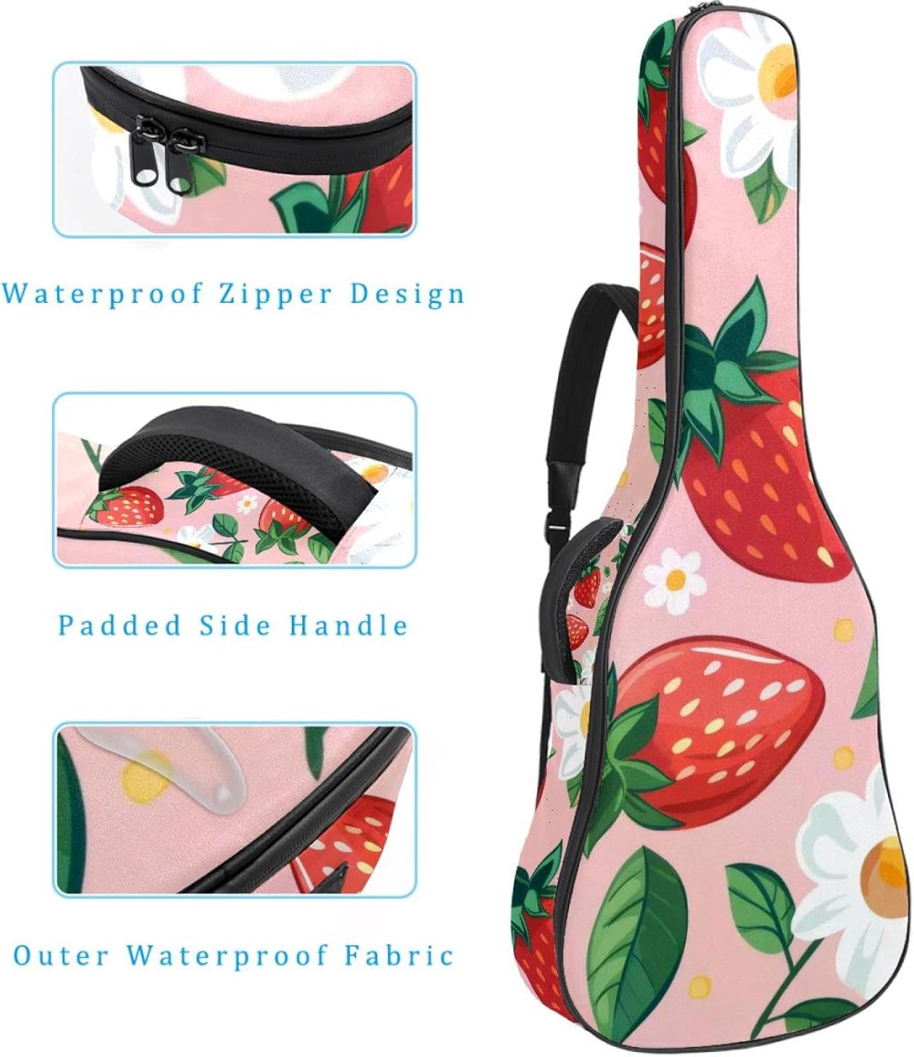 Acoustic Guitar Gig Bag 1 cm Thick Padding, Waterproof Electric Guitar Bag 40-42 Inch Guitar Case Backpack with Dual Shoulder Strap, Strawberry and Cute Flower Pink Background