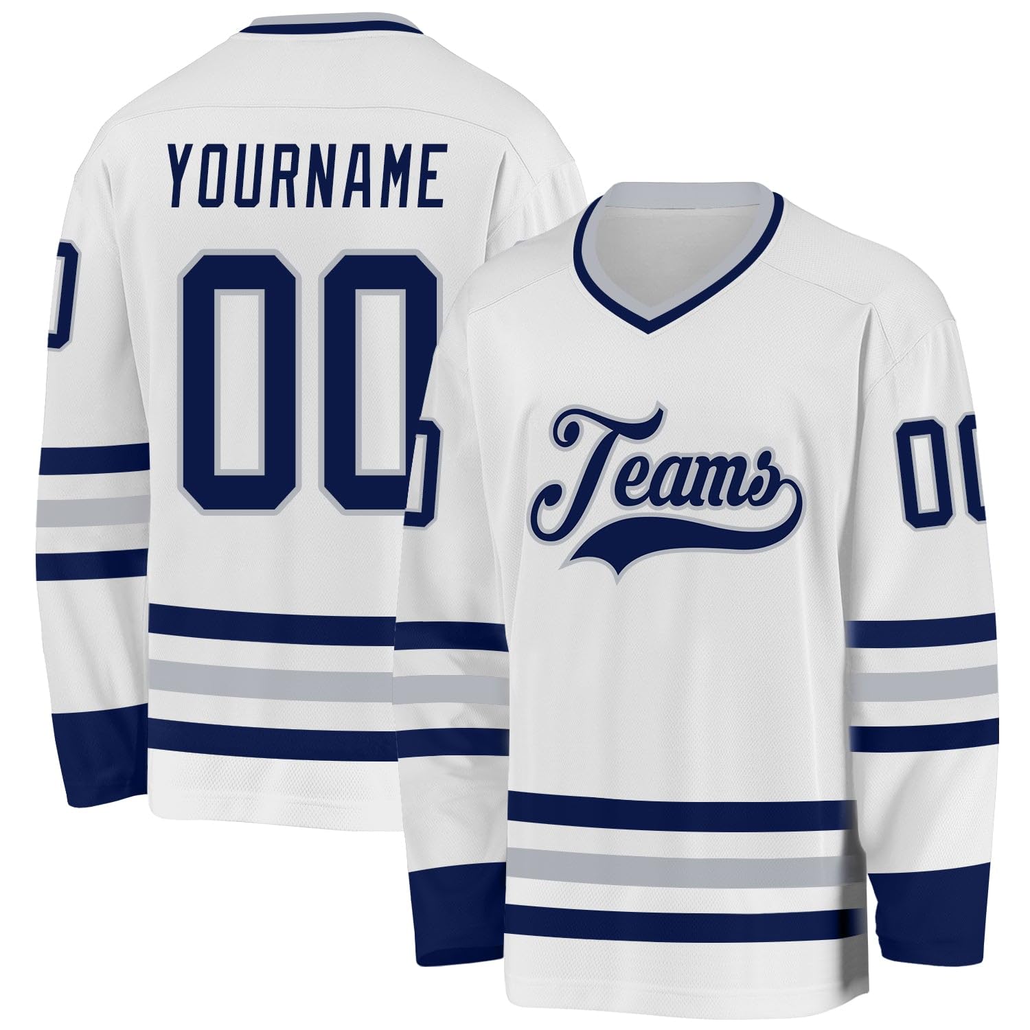 Custom Name Team Name Number White Navy-Gray Hockey Jersey Personalized V-Neck Sports Hockey Jersey for Men Women Youth
