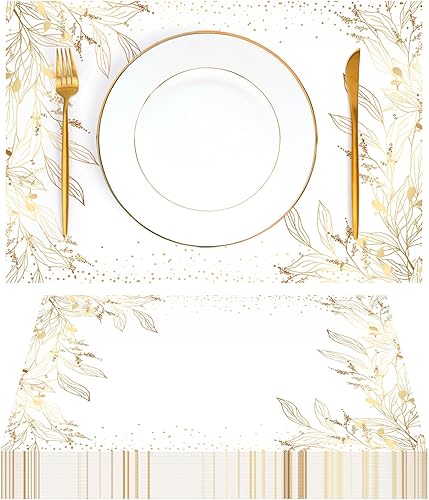 Miniatura 1 de Paquete de 50 manteles individuales desechables de papel de hojas doradas, de 11 x 17 pulgadas, manteles individuales de papel vintage para fiestas,