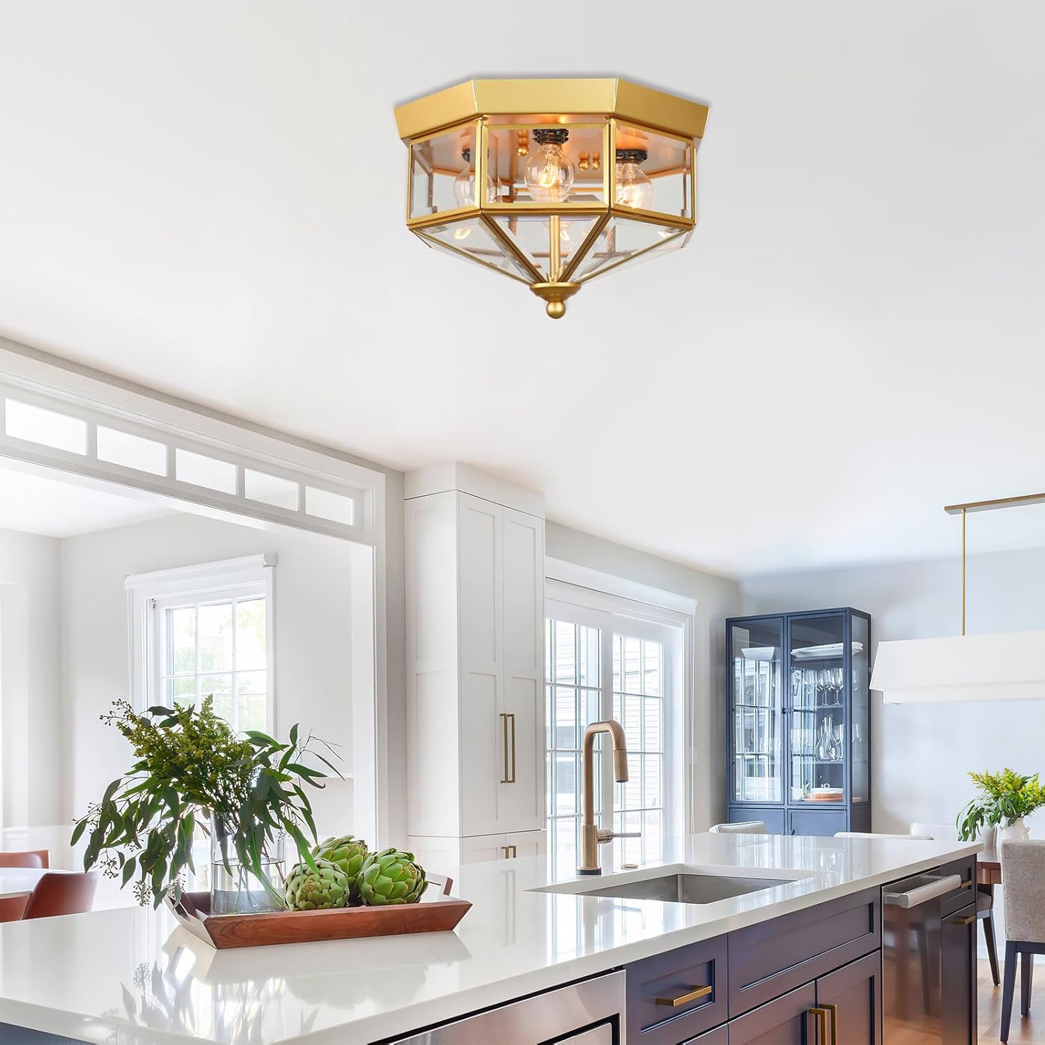 Flush Mount Outdoor Ceiling Light Fixture, 4 Light Exterior Porch Ceiling Lights with Clear Glass, Gold Farmhouse Lighting for Indoor Hallway Kitchen Stairway