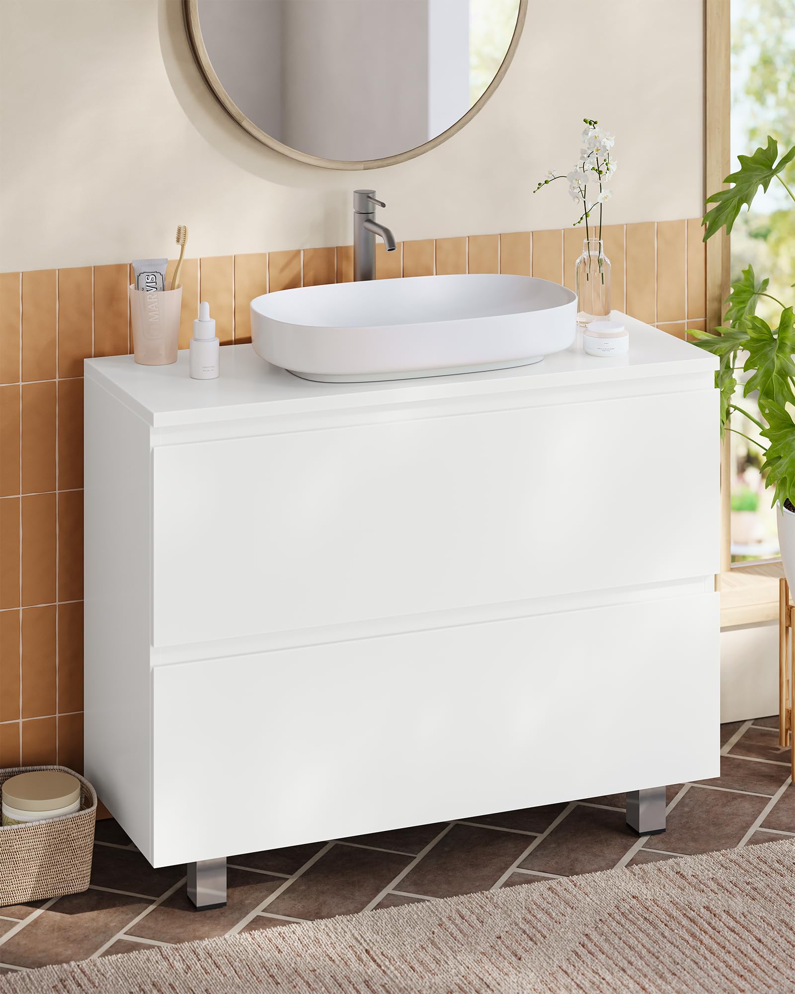 KIMENICH Waschbeckenunterschrank, Badezimmerschrank mit 2 Große Schubladen, Unterschrank Waschbecken mit Füßen, Viel Stauraum, 80 x 30 x 56 cm, Weiß
