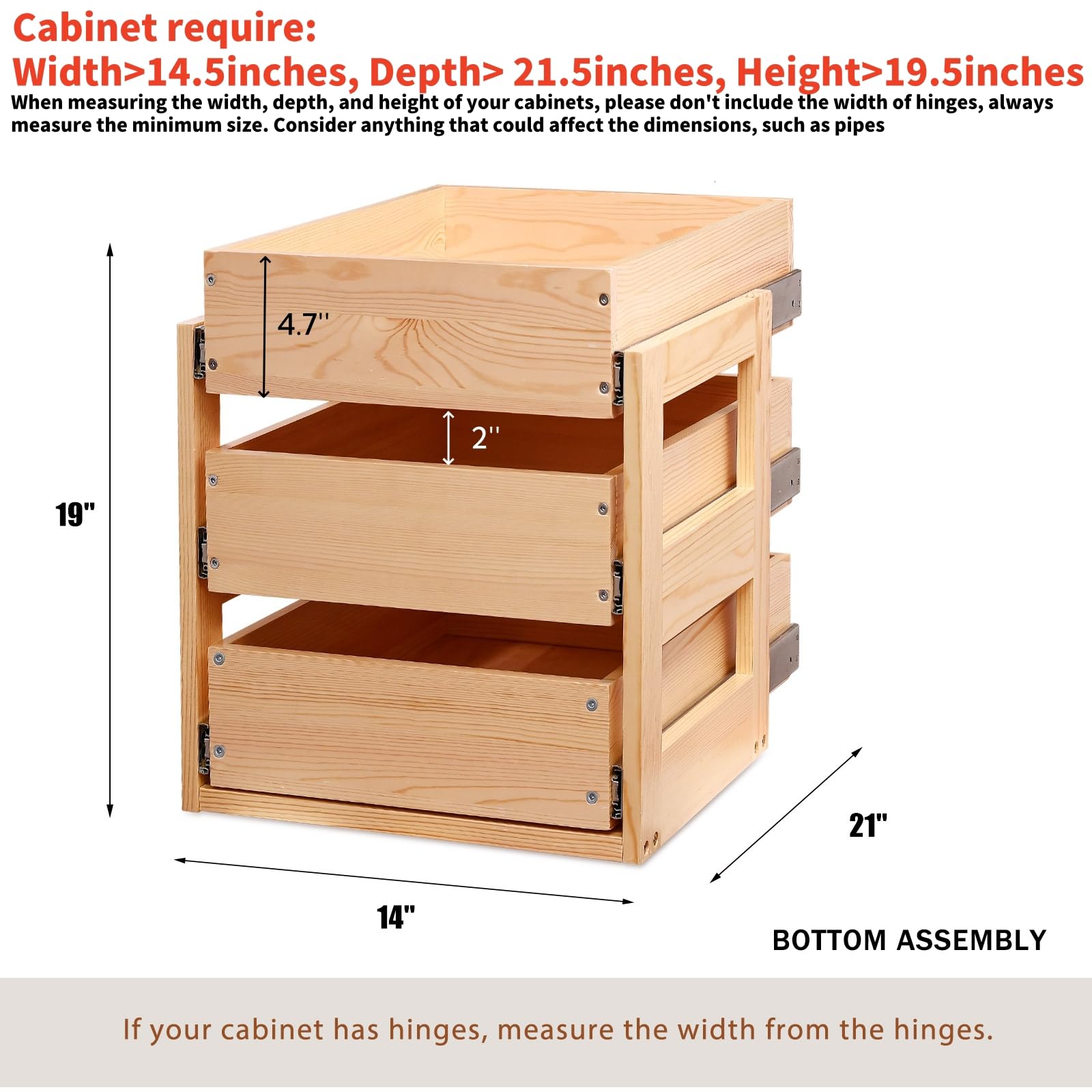 Mulush Ausziehbare Schubladen für Schränke, 35,6 x 53,3 x 48,3 cm (B x T x H), sanft schließend, Holzregale, Aufbewahrungs-Organizer für Küche, 3 Ebenen, fertig, strapazierfähig, Bodenmontage