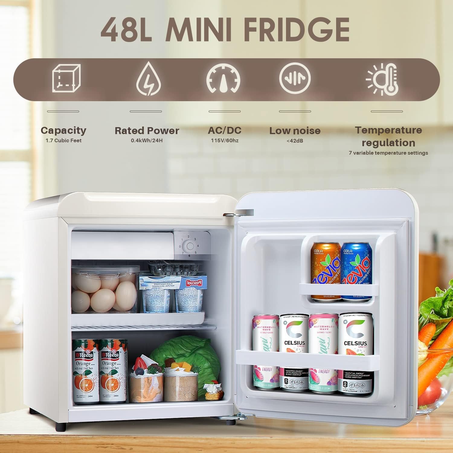 Kismile Retro Mini Fridge with Rated 1.7 cu. ft, Small Refrigerator with Adjustable Removable Glass Shelves, Mechanical Control, Compact Freezer for Office, Dorm, Bedroom (White)