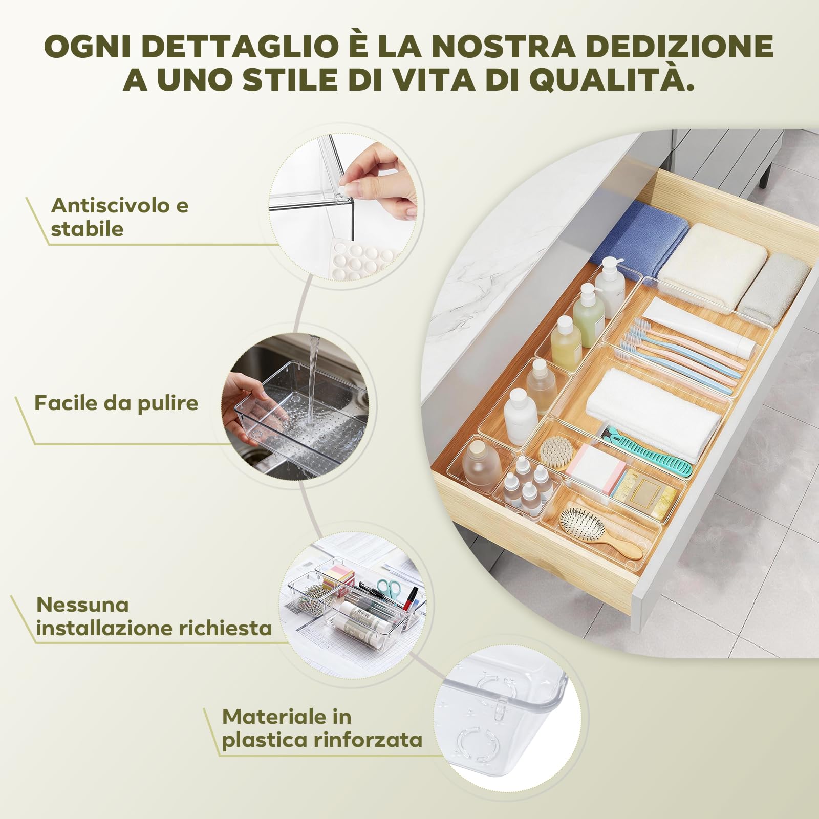 Set da 44 Scatole Organizzatrici per Cassetti, 4 Misure con Punti Antiscivolo, Organizer Impilabile Trasparente per Trucchi, Cucina, Bagno e Ufficio