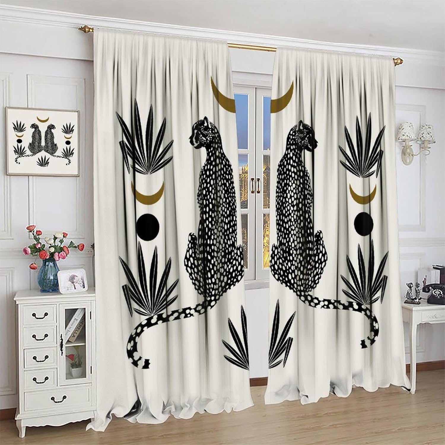 Boho Cheetah Curtains, Modern Aesthetic Wildlife Tropical Jungle Abstract Moon, Blackout Curtains for Bedroom Living Room42X45 Inch