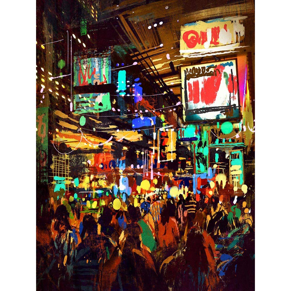 Wee Blue Coo Crowded Cityscape At Night Art Print Poster Wall Decor 12X16 Inch