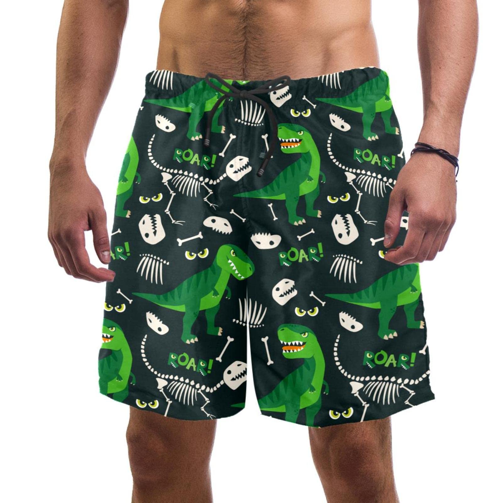 Hui Jin Shop Men's Dinosaur Green Bone Swim Trunks Quick Dry Beach Shorts With Pockets